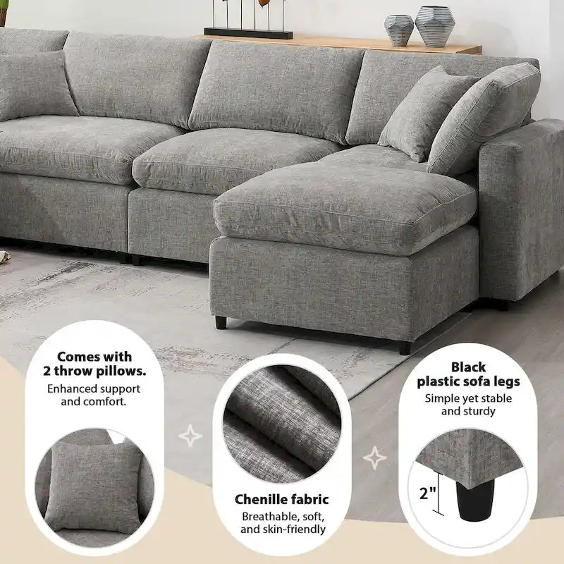 Divano letto componibile a U in ciniglia con pouf