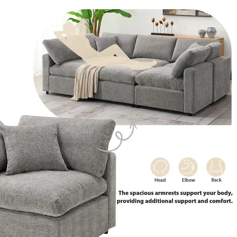 Divano letto componibile a U in ciniglia con pouf