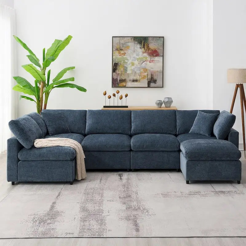Divano letto componibile a U in ciniglia con pouf