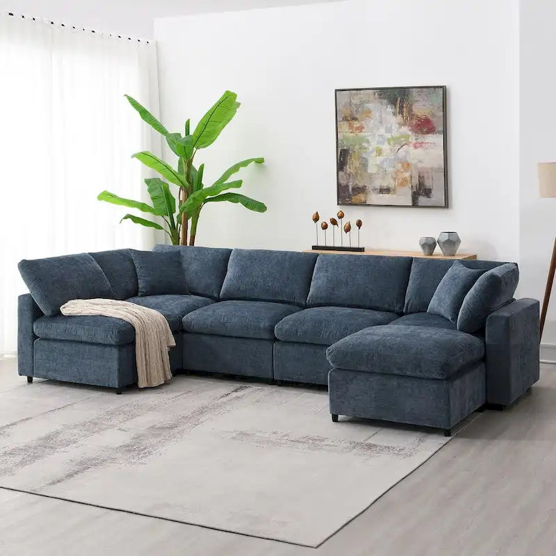 Divano letto componibile a U in ciniglia con pouf