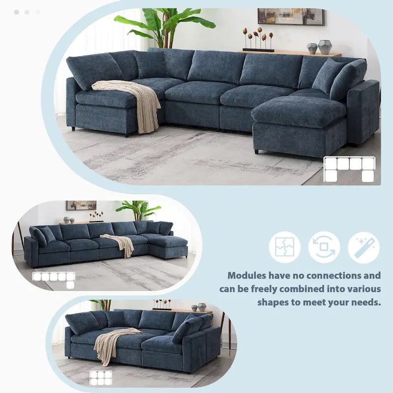 Divano letto componibile a U in ciniglia con pouf
