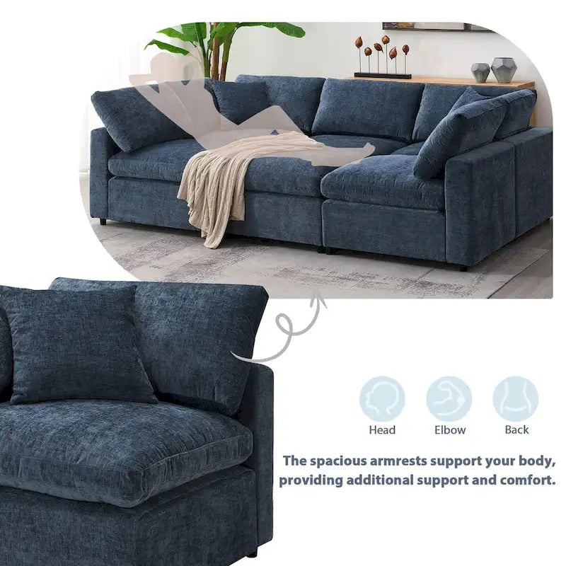 Divano letto componibile a U in ciniglia con pouf