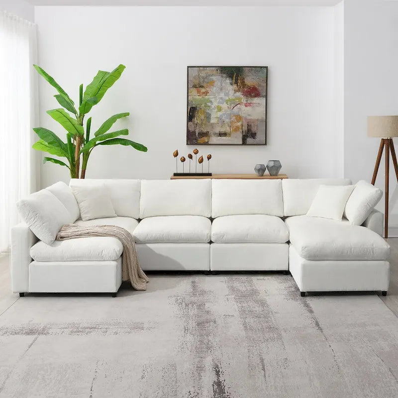 Divano letto componibile a U in ciniglia con pouf