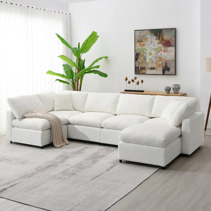 Divano letto componibile a U in ciniglia con pouf
