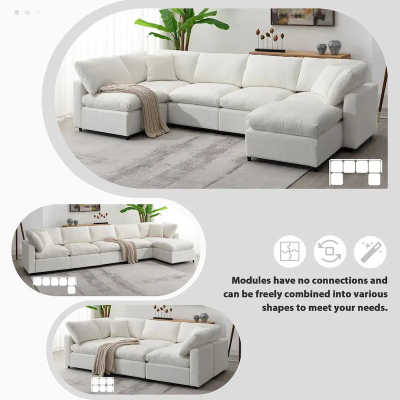 Divano letto componibile a U in ciniglia con pouf