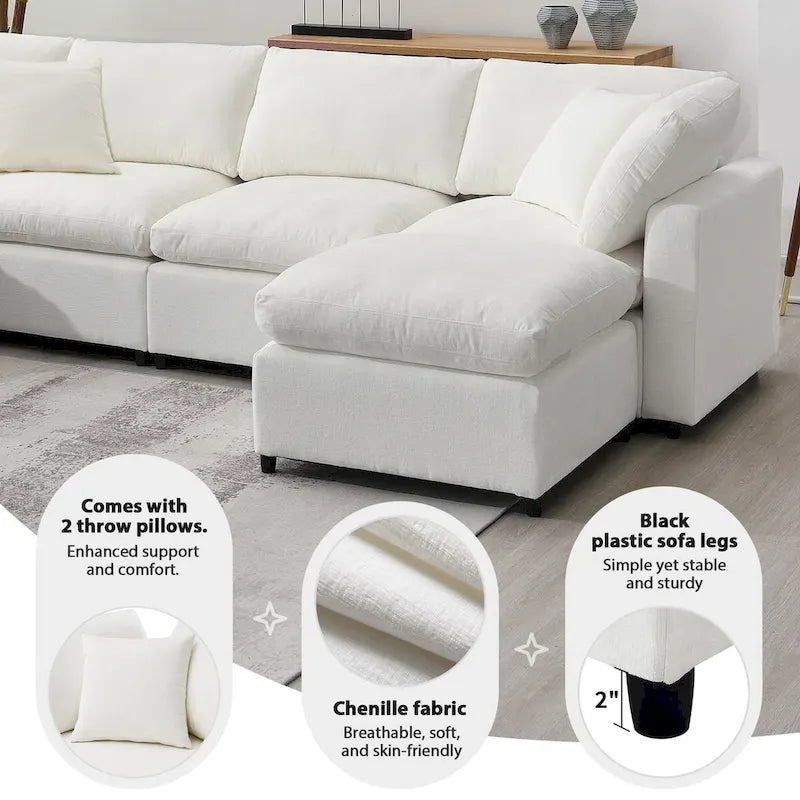 Divano letto componibile a U in ciniglia con pouf