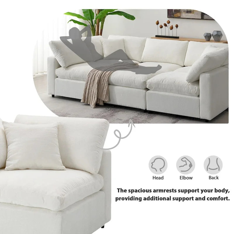 Divano letto componibile a U in ciniglia con pouf