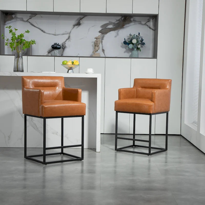 Tabourets de bar modernes en chenille/cuir avec structure en métal et dossier plein (lot de 2)