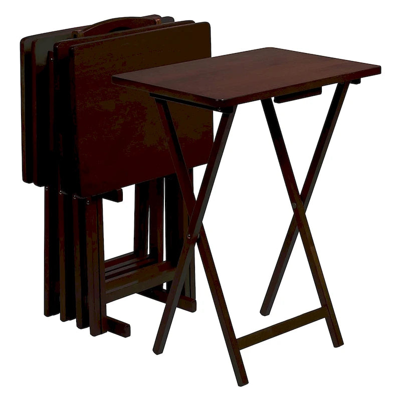 Tavolini vassoio pieghevoli per TV PJ Wood con ripiano salvaspazio compatto, espresso, set da 5 pezzi - 36,38