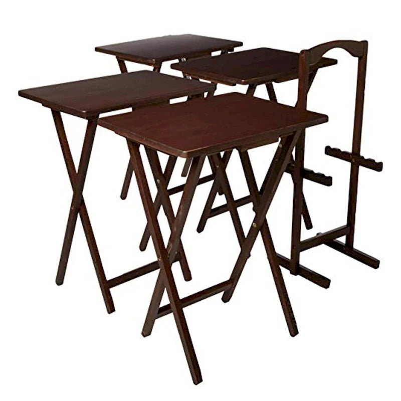 Tavolini vassoio pieghevoli per TV PJ Wood con ripiano salvaspazio compatto, espresso, set da 5 pezzi - 36,38