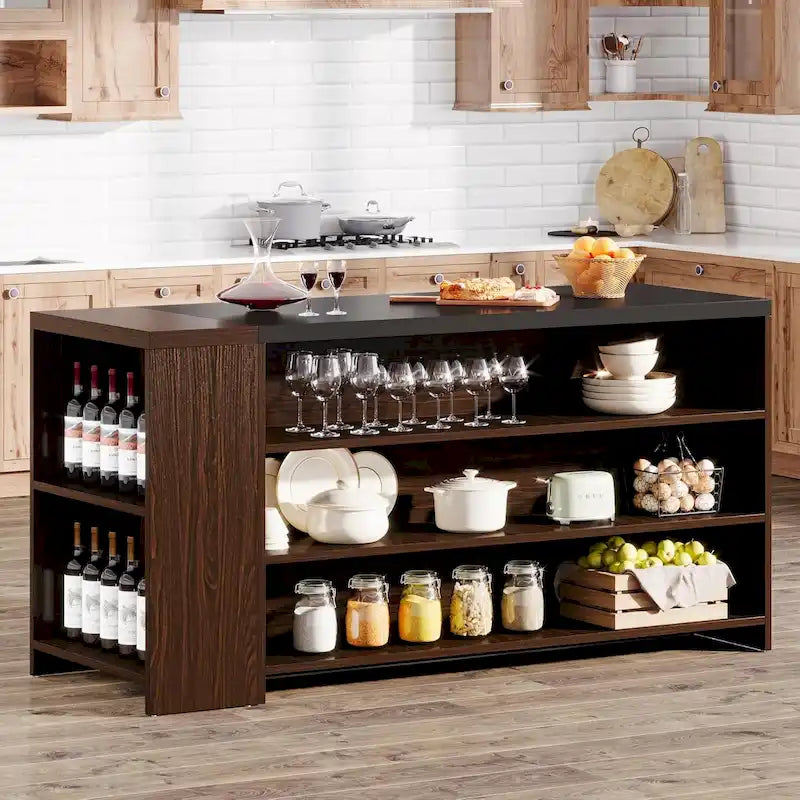 Isola da Cucina in Legno da 55 pollici con Contenitore, Tavolo da Isola Stazionario a 5 Livelli con 5 Ripiani