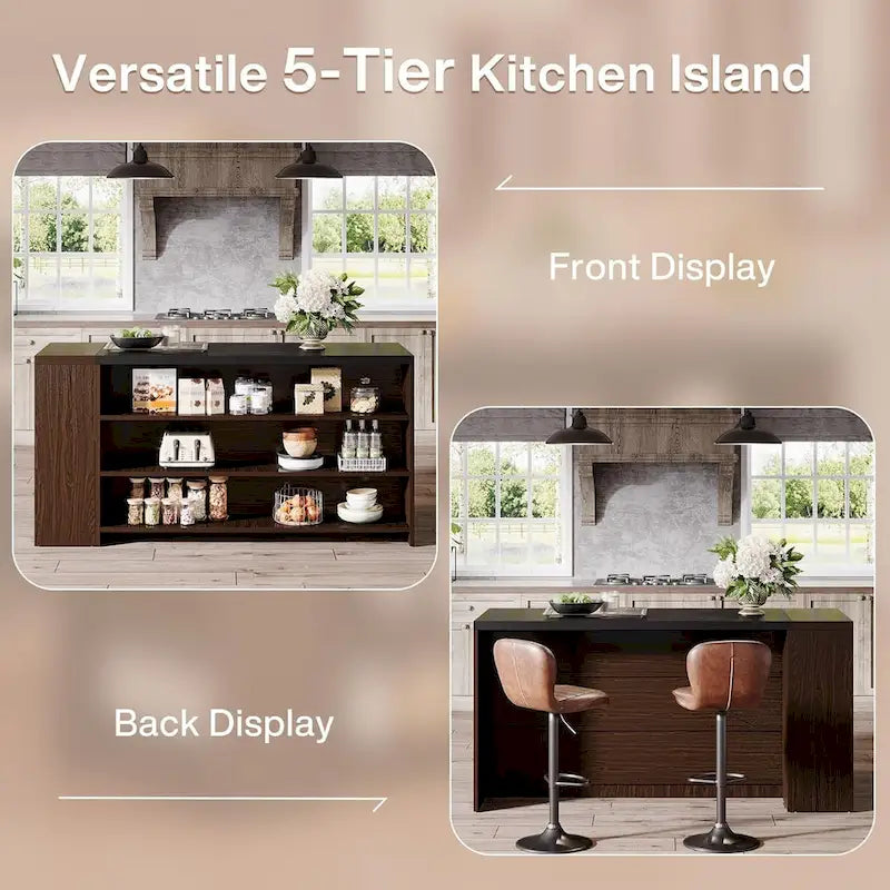 Isola da Cucina in Legno da 55 pollici con Contenitore, Tavolo da Isola Stazionario a 5 Livelli con 5 Ripiani