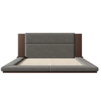 Letto imbottito King Gray Floor a basso profilo con testiera estesa in legno, mensole comodino integrate