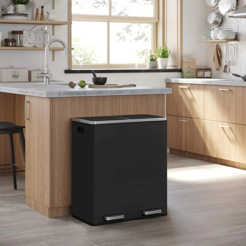 SONGMICS Pattumiera Doppia, 60L (2 x 30L) Cestino per la Raccolta Differenziata in Acciaio Inossidabile, Nero