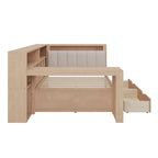 Divano Letto a "L" in Legno con Scrivania, Mobile Libreria, Letto Angolare con Cassetti Sottostanti, Testiera Imbottita con Luce Integrata
