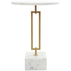 Tavolino d'appoggio/laterale geometrico in marmo con base rettangolare in metallo dorato - Bianco